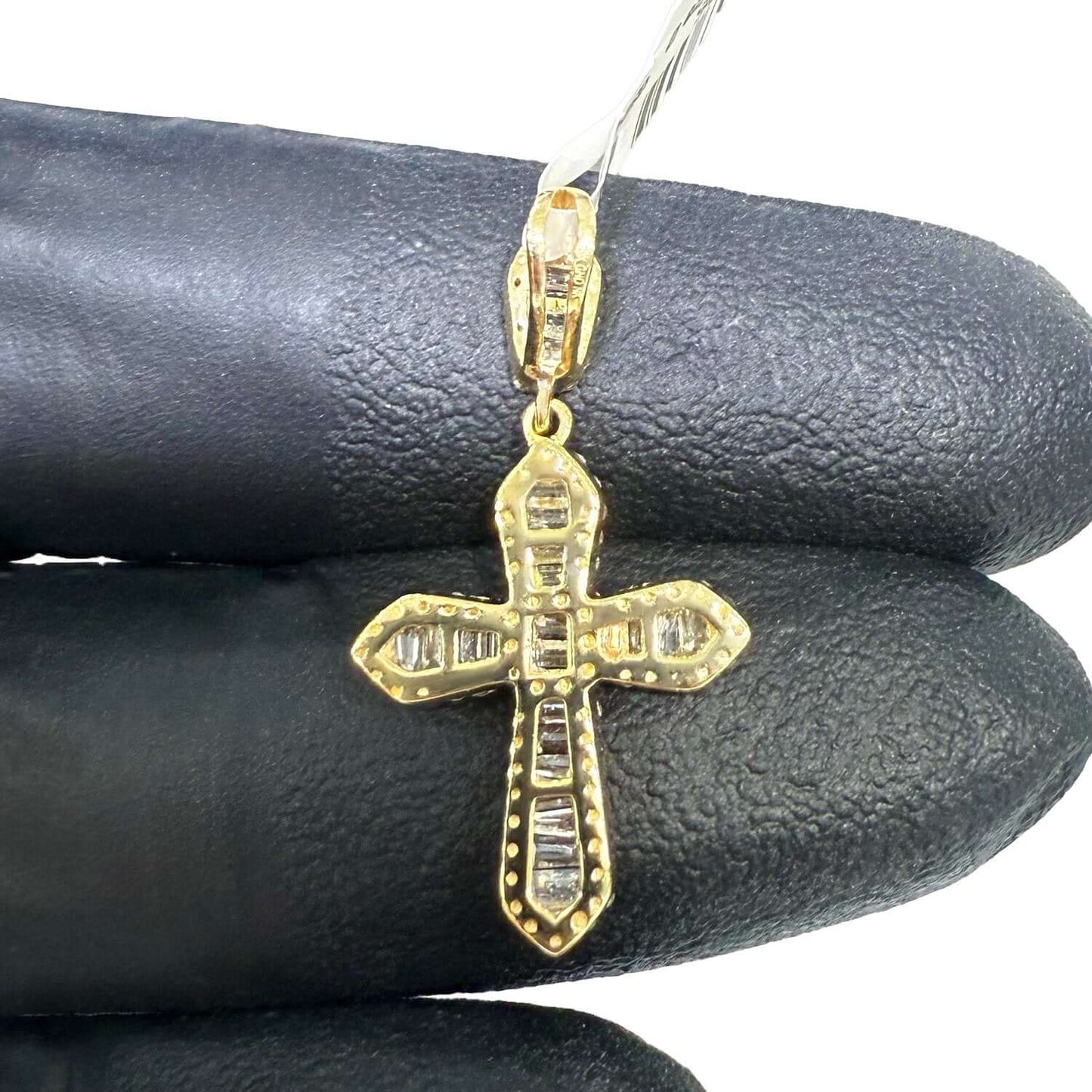 Real 10K Gold 0.50CTW Real Diamond Baguette Cross Pendant 1.2"
