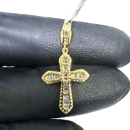 Real 10K Gold 0.50CTW Real Diamond Baguette Cross Pendant 1.2"