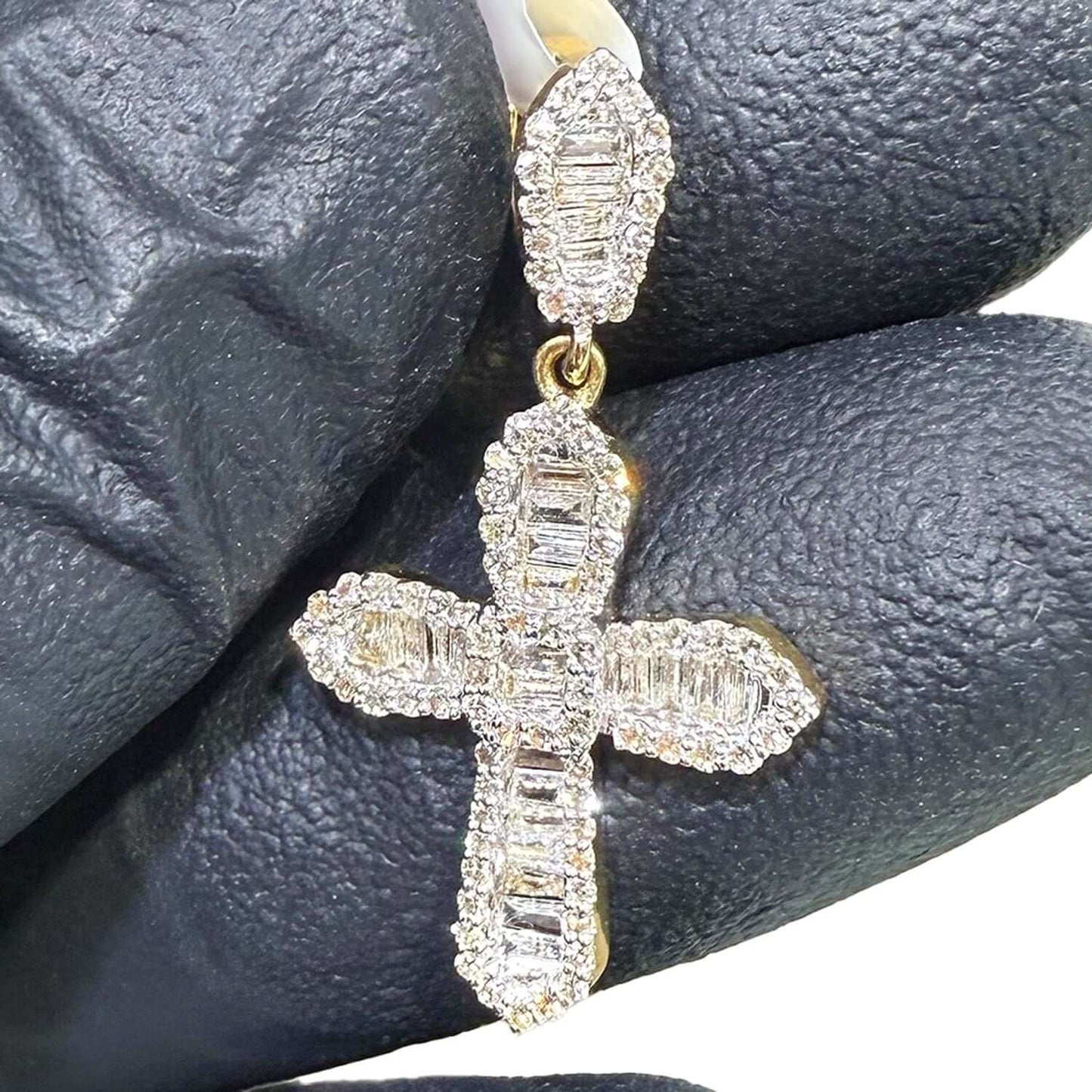 Real 10K Gold 0.50CTW Real Diamond Baguette Cross Pendant 1.2"