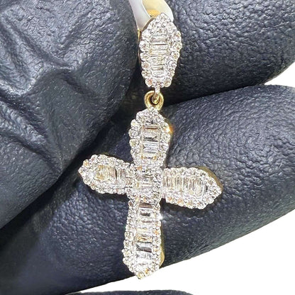 Real 10K Gold 0.50CTW Real Diamond Baguette Cross Pendant 1.2"