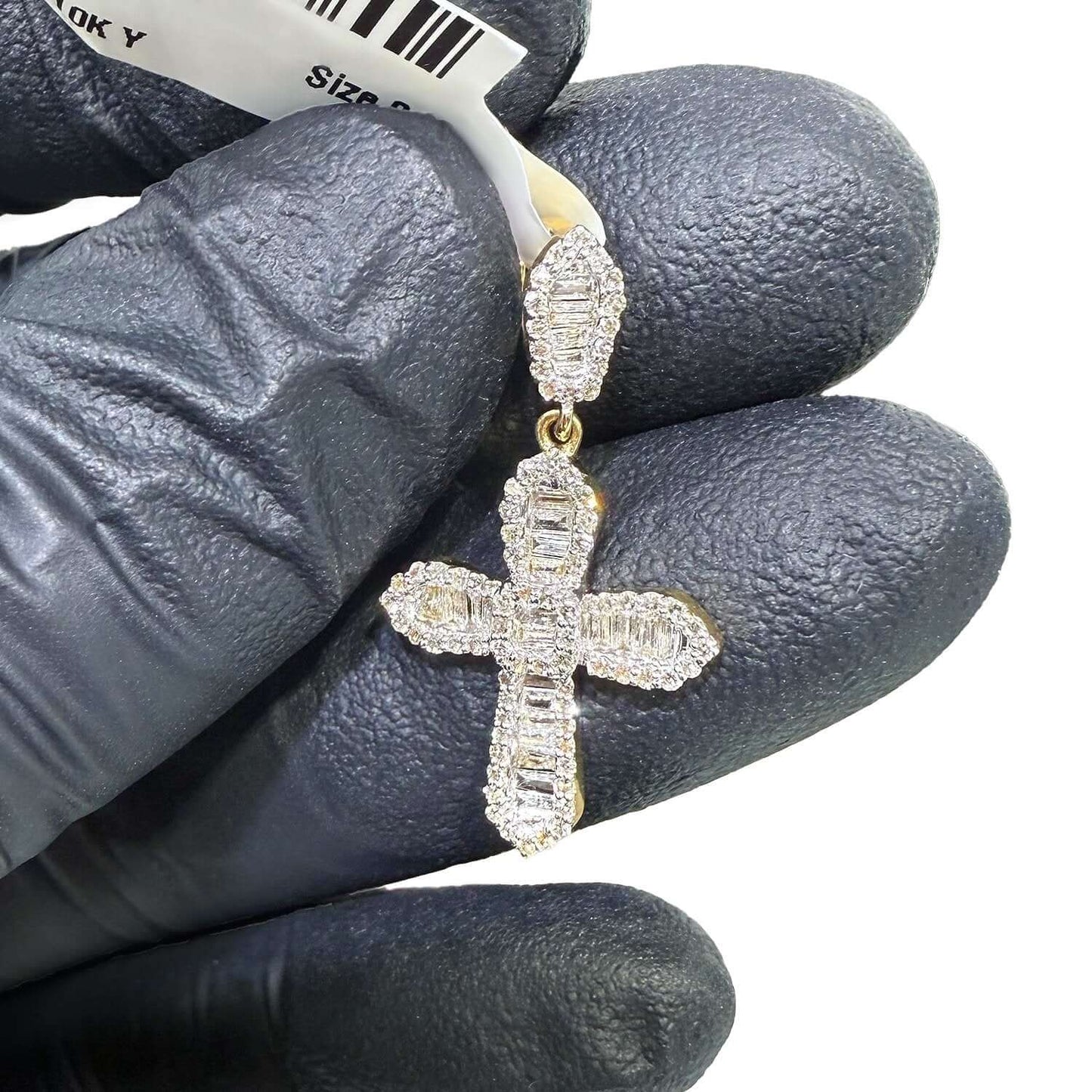 Real 10K Gold 0.50CTW Real Diamond Baguette Cross Pendant 1.2"