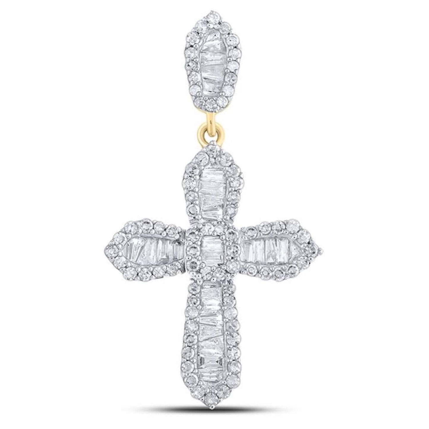 Real 10K Gold 0.50CTW Real Diamond Baguette Cross Pendant 1.2"