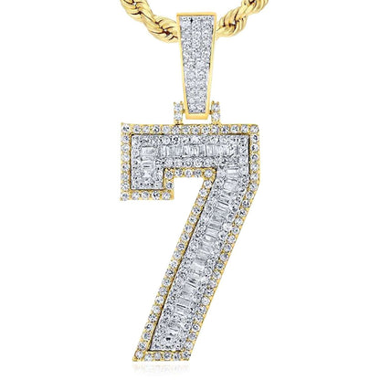 1.33CTW Real Diamond Real 10K Gold Number 7 Pendant Baguette & Round Cut