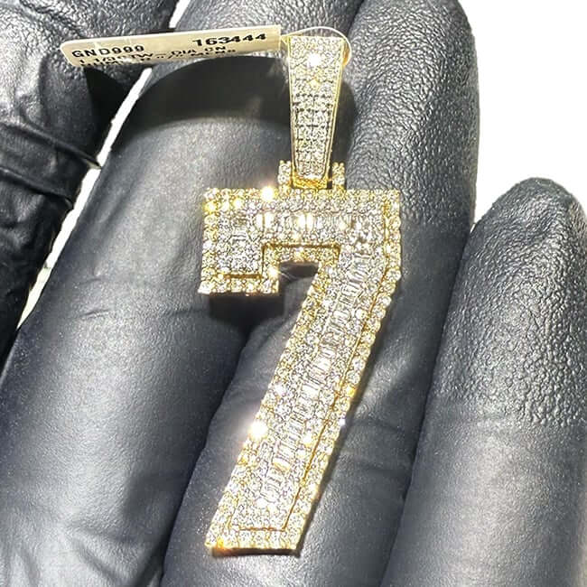1.33CTW Real Diamond Real 10K Gold Number 7 Pendant Baguette & Round Cut
