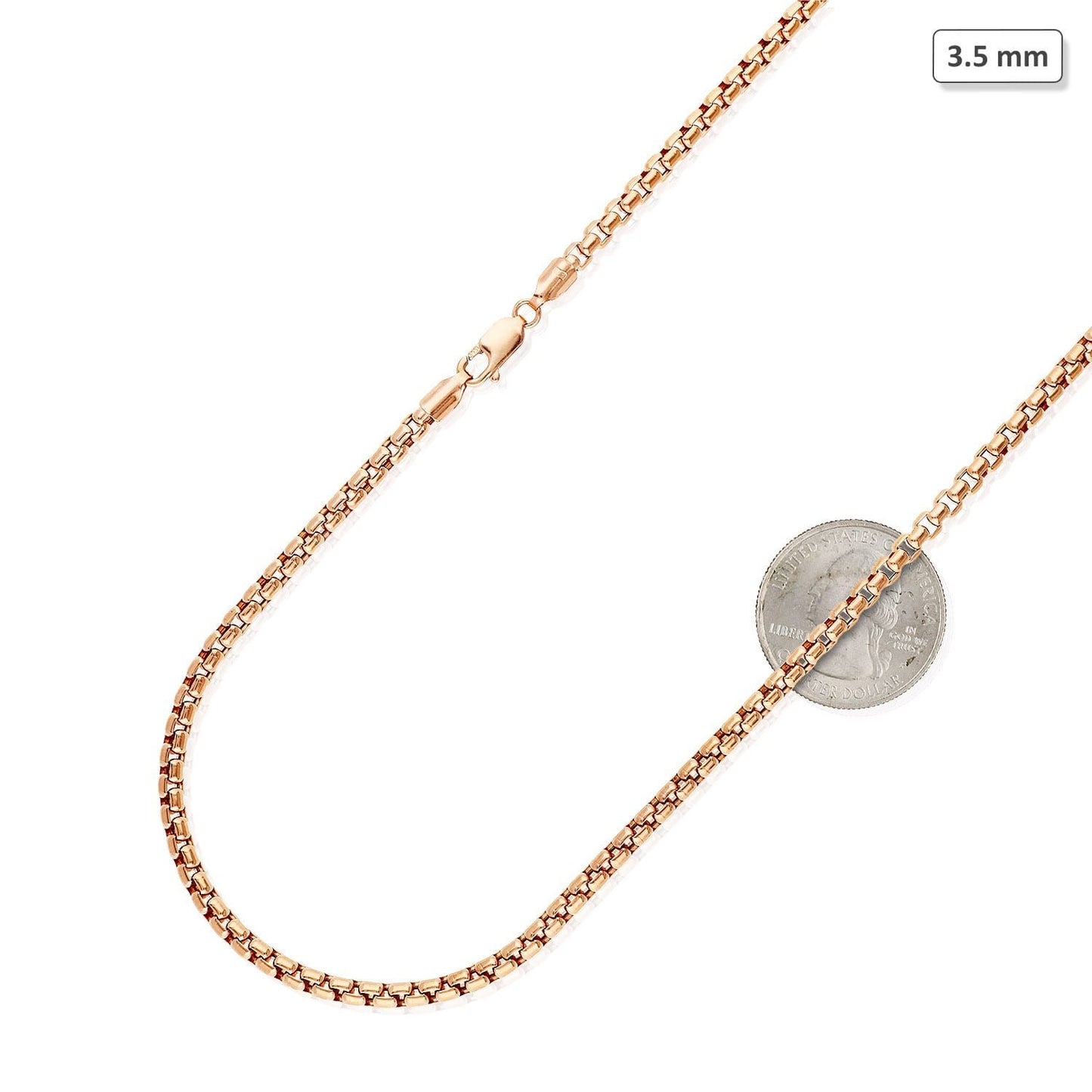 14K Real Gold Rose 3.5mm Solid Round Box Chain Necklace 18"-30"