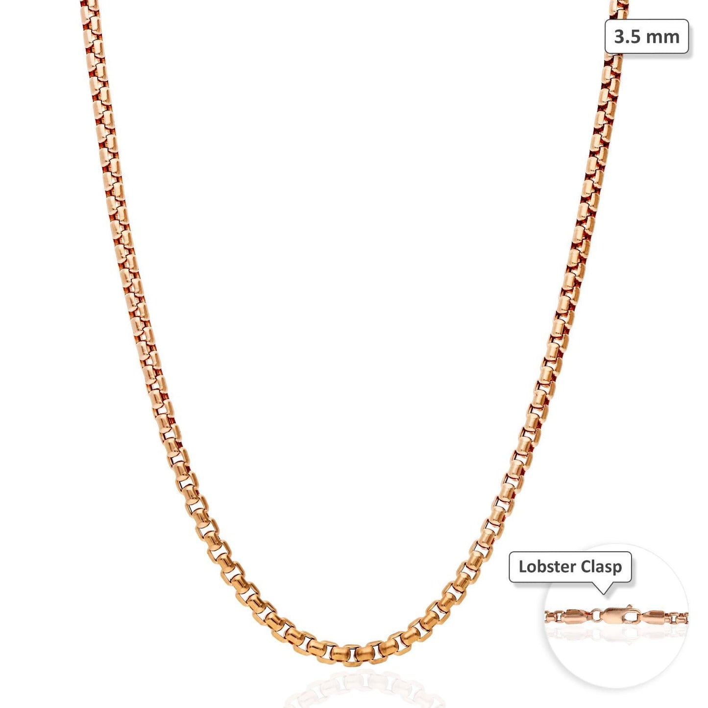 14K Real Gold Rose 3.5mm Solid Round Box Chain Necklace 18"-30"