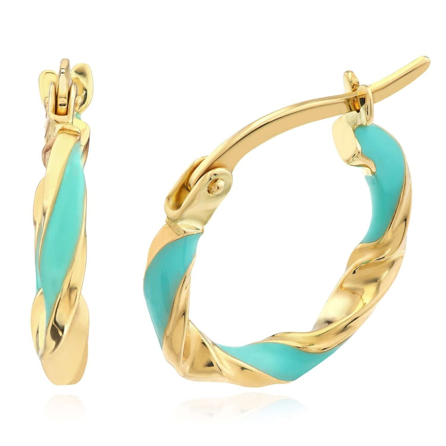 Real 14K Gold Turquoise White Pink Enamel Twist Huggie Hoop Earrings 10mm
