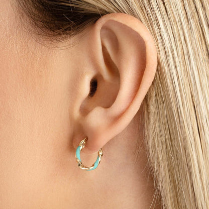 Real 14K Gold Turquoise White Pink Enamel Twist Huggie Hoop Earrings 10mm