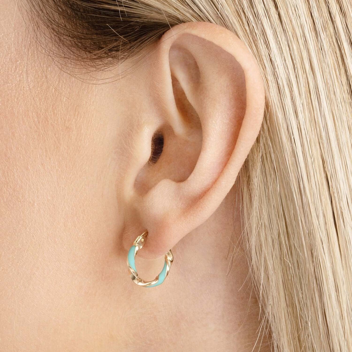 Real 14K Gold Turquoise White Pink Enamel Twist Huggie Hoop Earrings 10mm