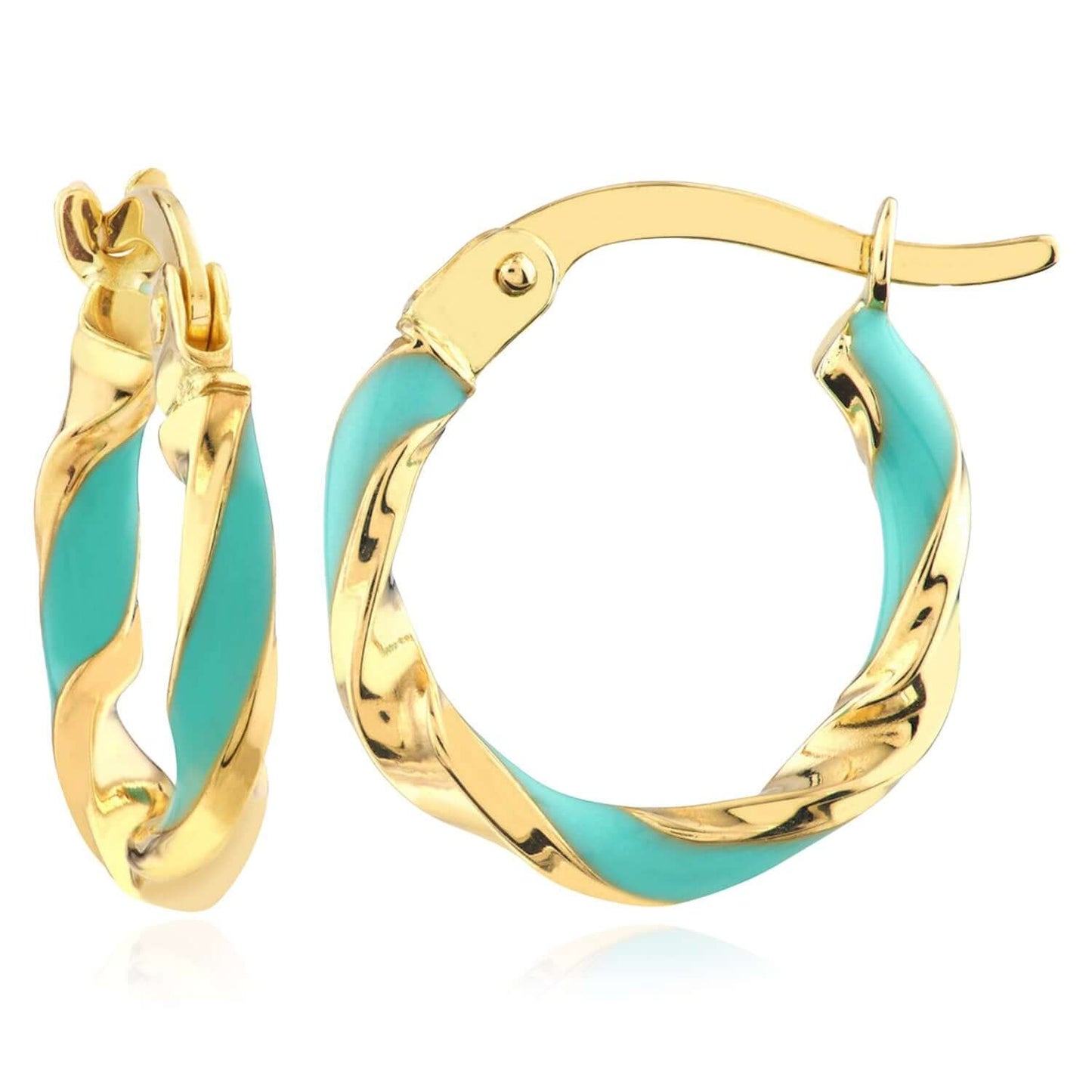 Real 14K Gold Turquoise White Pink Enamel Twist Huggie Hoop Earrings 10mm