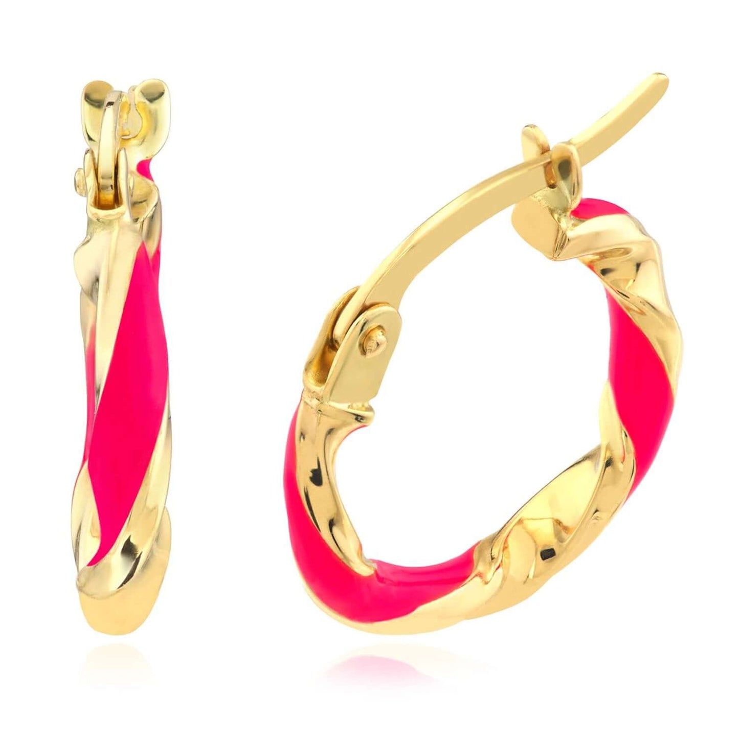 Real 14K Gold Turquoise White Pink Enamel Twist Huggie Hoop Earrings 10mm
