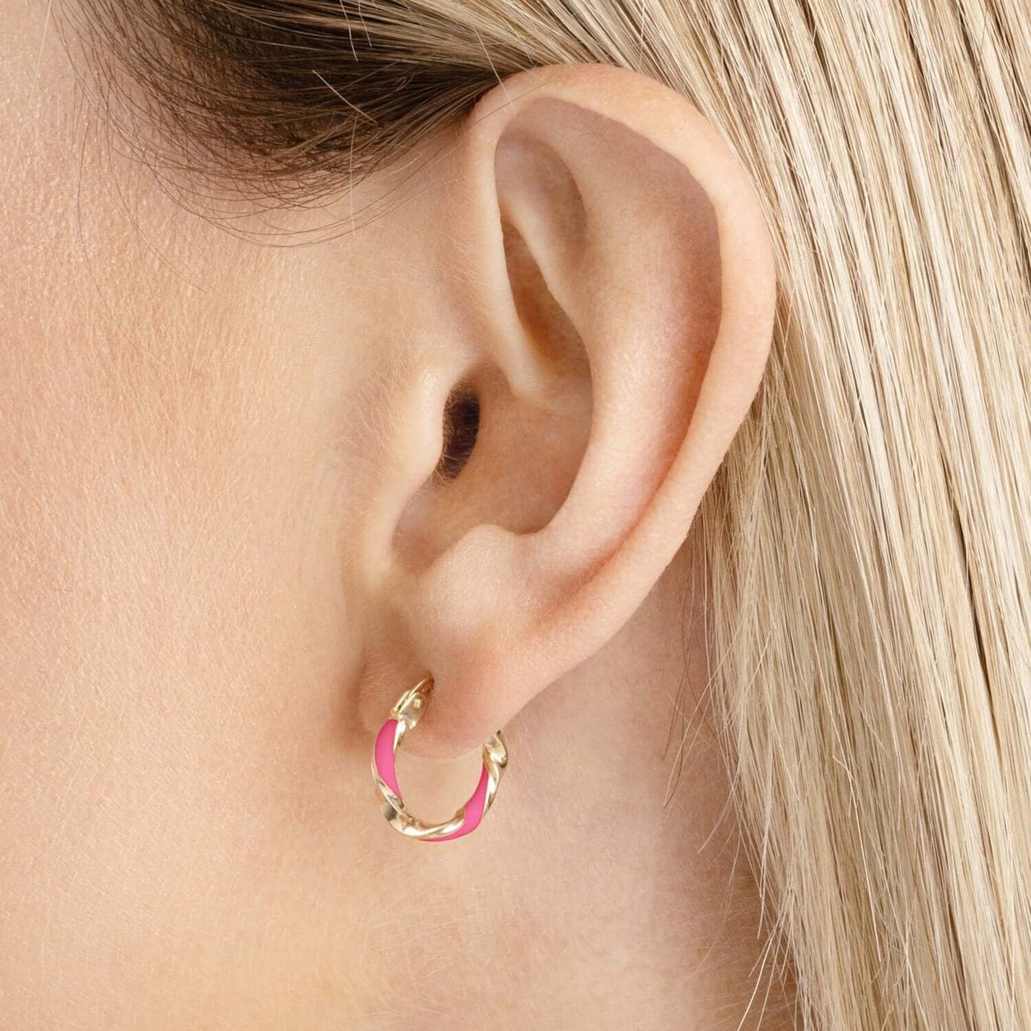 Real 14K Gold Turquoise White Pink Enamel Twist Huggie Hoop Earrings 10mm