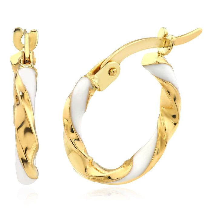 Real 14k Gold White Blue Red Enamel Twisted Huggie Hoop Earrings 10mm - WJD Exclusives
