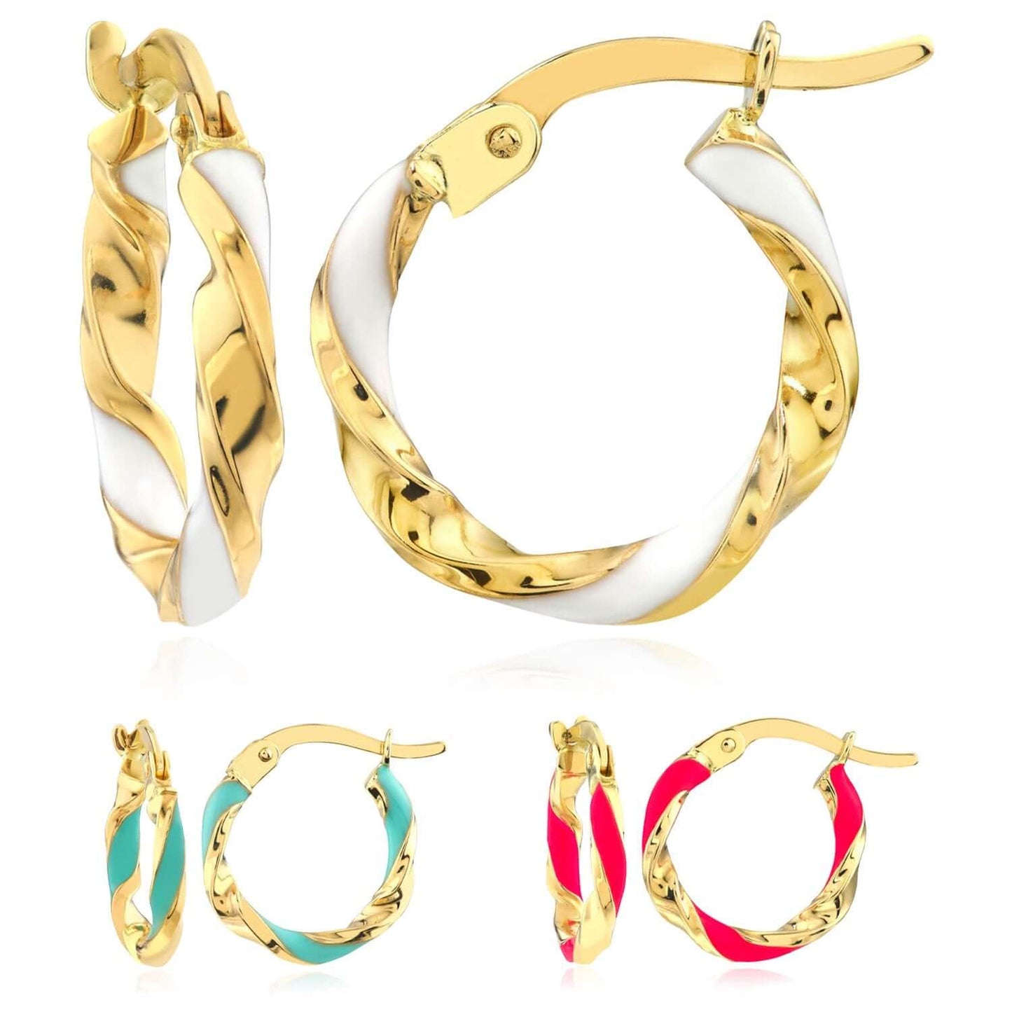 Real 14K Gold Turquoise White Pink Enamel Twist Huggie Hoop Earrings 10mm