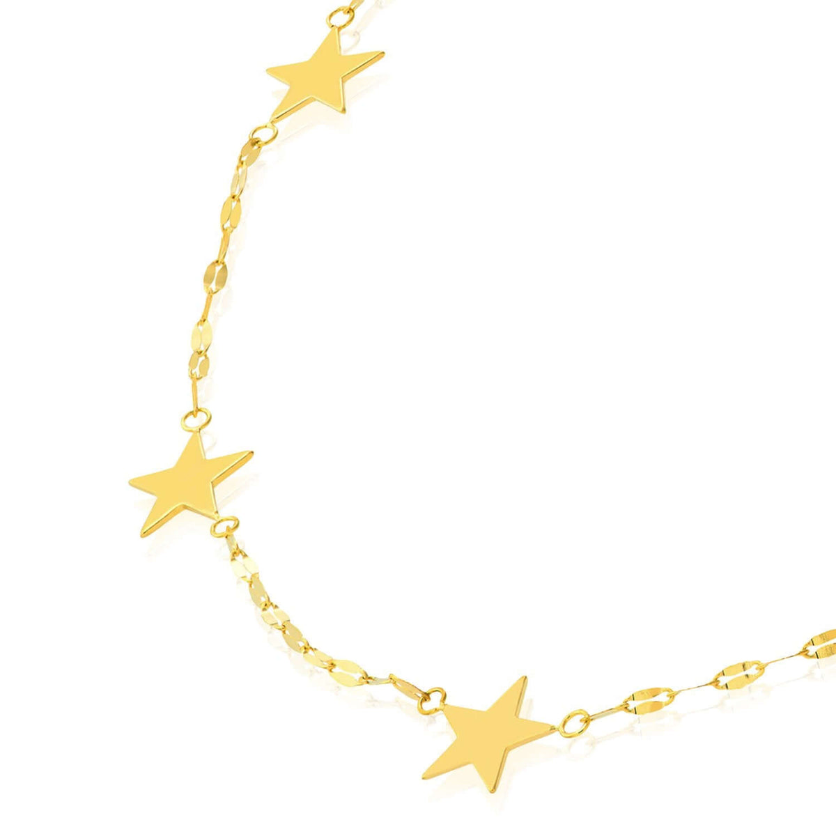 14K Yellow Gold Star Station Flat Mariner Necklace (Solid Links) 16" - 18" Adjustable - Made in Italy - WJD Exclusives