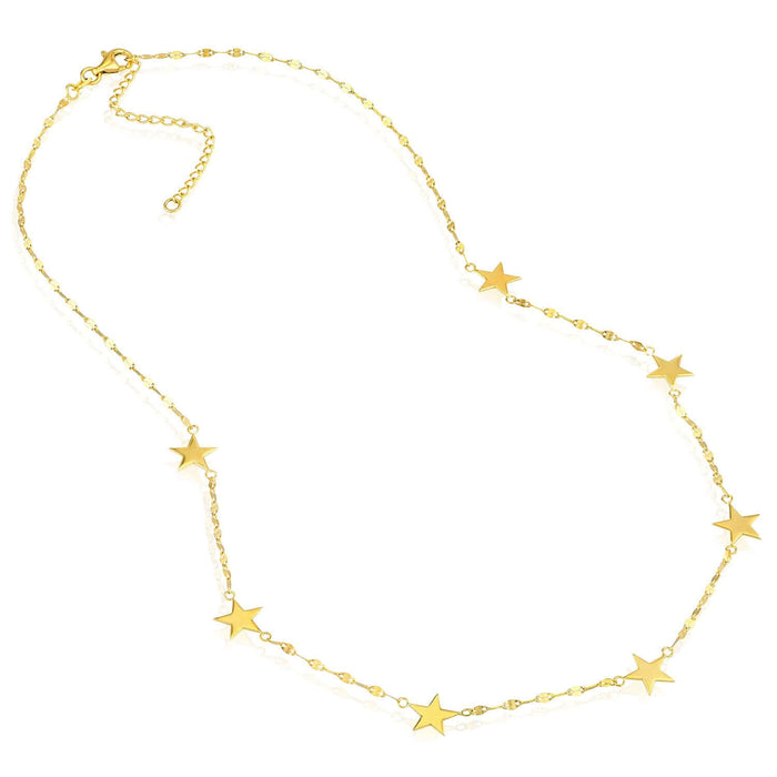 14K Yellow Gold Star Station Flat Mariner Necklace (Solid Links) 16" - 18" Adjustable - Made in Italy - WJD Exclusives