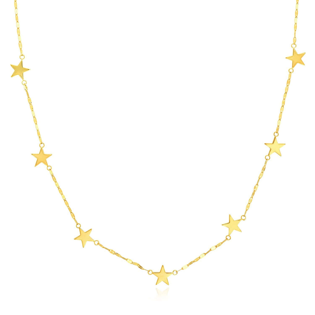 14K Yellow Gold Star Station Flat Mariner Necklace (Solid Links) 16" - 18" Adjustable - Made in Italy - WJD Exclusives
