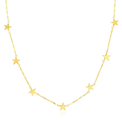 14K Yellow Gold Star Station Flat Mariner Necklace (Solid Links) 16" - 18" Adjustable - Made in Italy - WJD Exclusives
