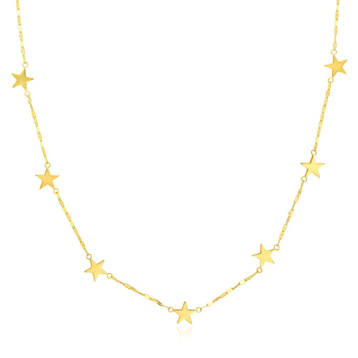 14K Yellow Gold Star Station Flat Mariner Necklace (Solid Links) 16" - 18" Adjustable - Made in Italy - WJD Exclusives