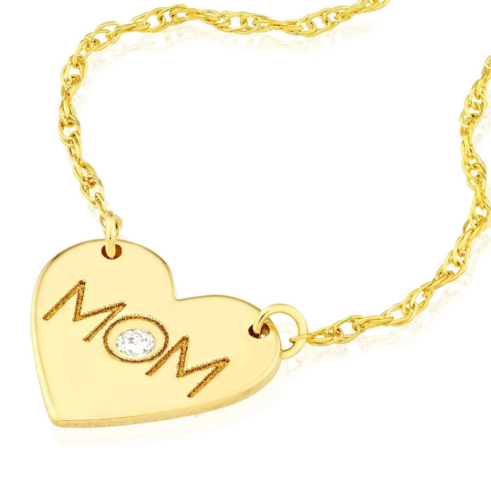 Natural Diamond 14K Yellow Gold MOM Heart Adjustable 16" - 18" Necklace (Solid Links) - WJD Exclusives