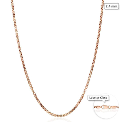 14K Rose Gold 2.4mm Round Box Chain (Solid Links) 16"-30"