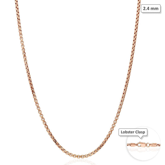 14K Real Gold Rose 2.4mm Solid Round Box Chain Necklace 16"-30"