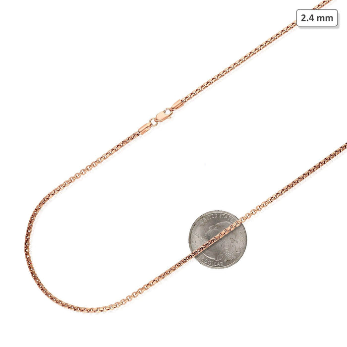 14K Rose Gold 2.4mm Round Box Chain (Solid Links) 16"-30"