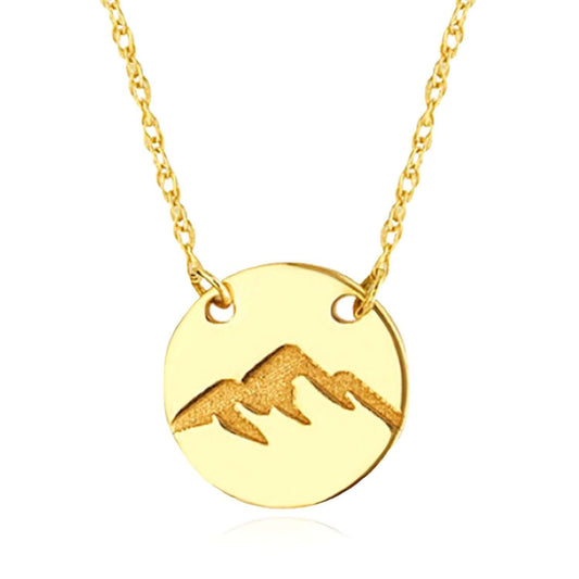 Real 14K Gold 9mm Mountain Disc Pendant Adjustable Necklace 16"-18"