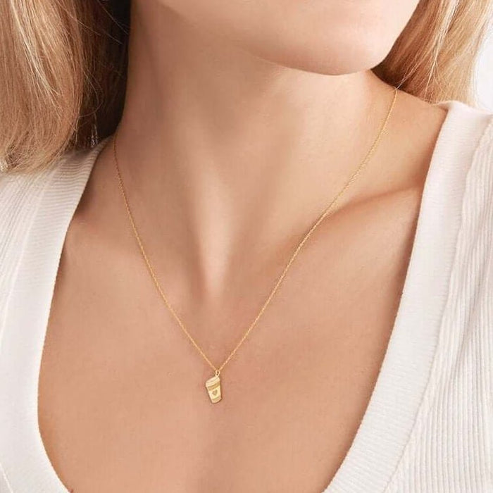 14K Yellow Gold Coffee Cup with Heart Adjustable 16" - 18" Necklace (Solid Links) - WJD Exclusives