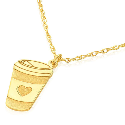 Real 14K Gold Heart Coffee Cup Pendant Adjustable Necklace 16"-18"