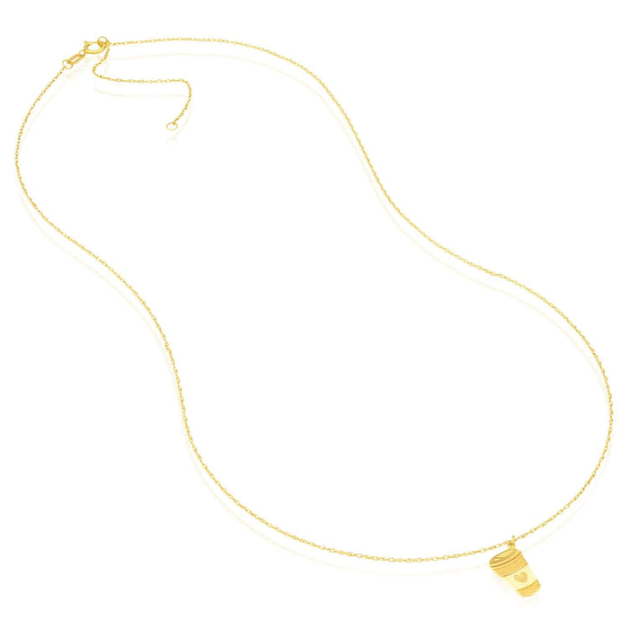 14K Yellow Gold Coffee Cup with Heart Adjustable 16" - 18" Necklace (Solid Links) - WJD Exclusives