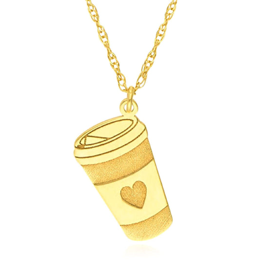 Real 14K Gold Heart Coffee Cup Pendant Adjustable Necklace 16"-18"