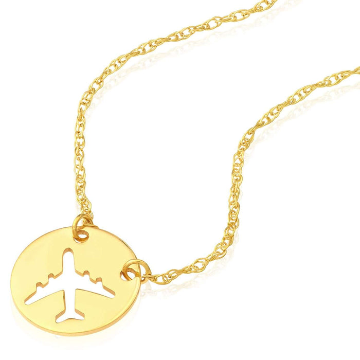 14K Yellow Gold Circle Airplane Medallion Adjustable 16" - 18" Necklace (Solid Links) - WJD Exclusives