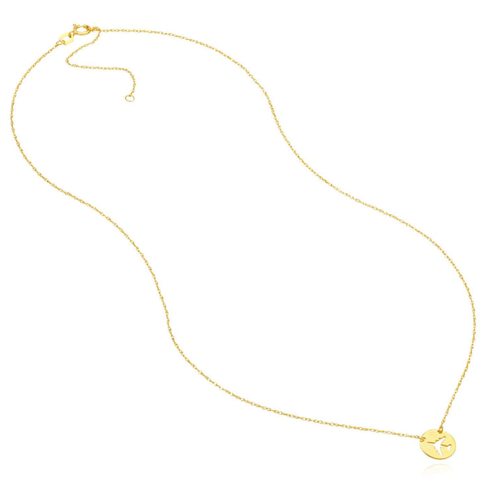 14K Yellow Gold Circle Airplane Medallion Adjustable 16" - 18" Necklace (Solid Links) - WJD Exclusives