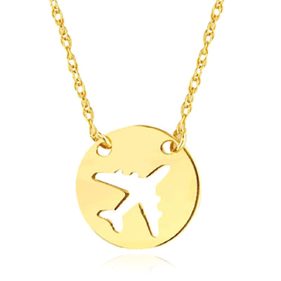 14K Yellow Gold Circle Airplane Medallion Adjustable 16" - 18" Necklace (Solid Links) - WJD Exclusives