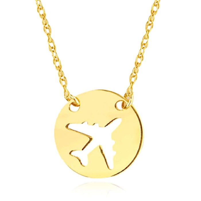14K Yellow Gold Circle Airplane Medallion Adjustable 16" - 18" Necklace (Solid Links) - WJD Exclusives