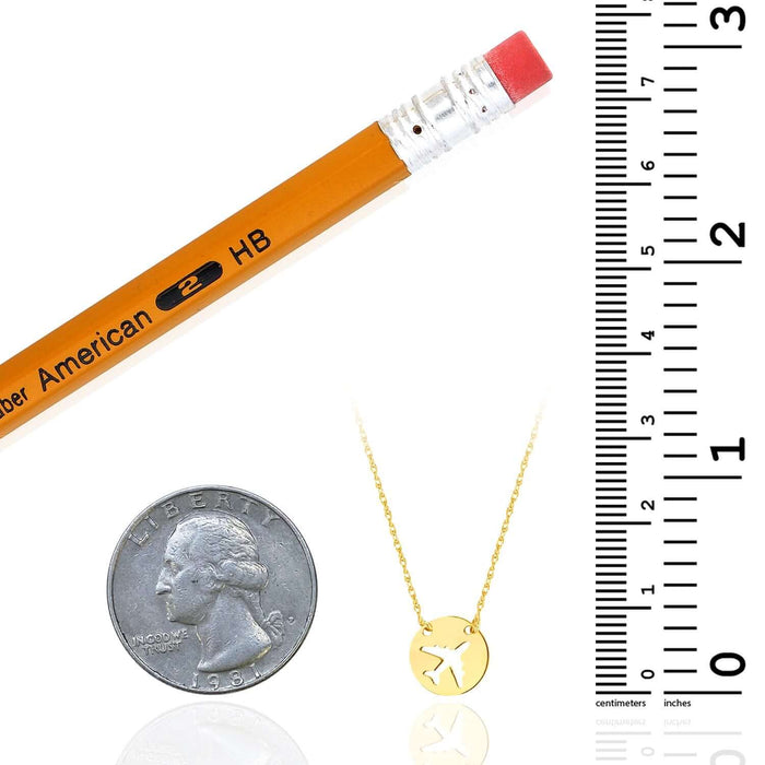 14K Yellow Gold Circle Airplane Medallion Adjustable 16" - 18" Necklace (Solid Links) - WJD Exclusives