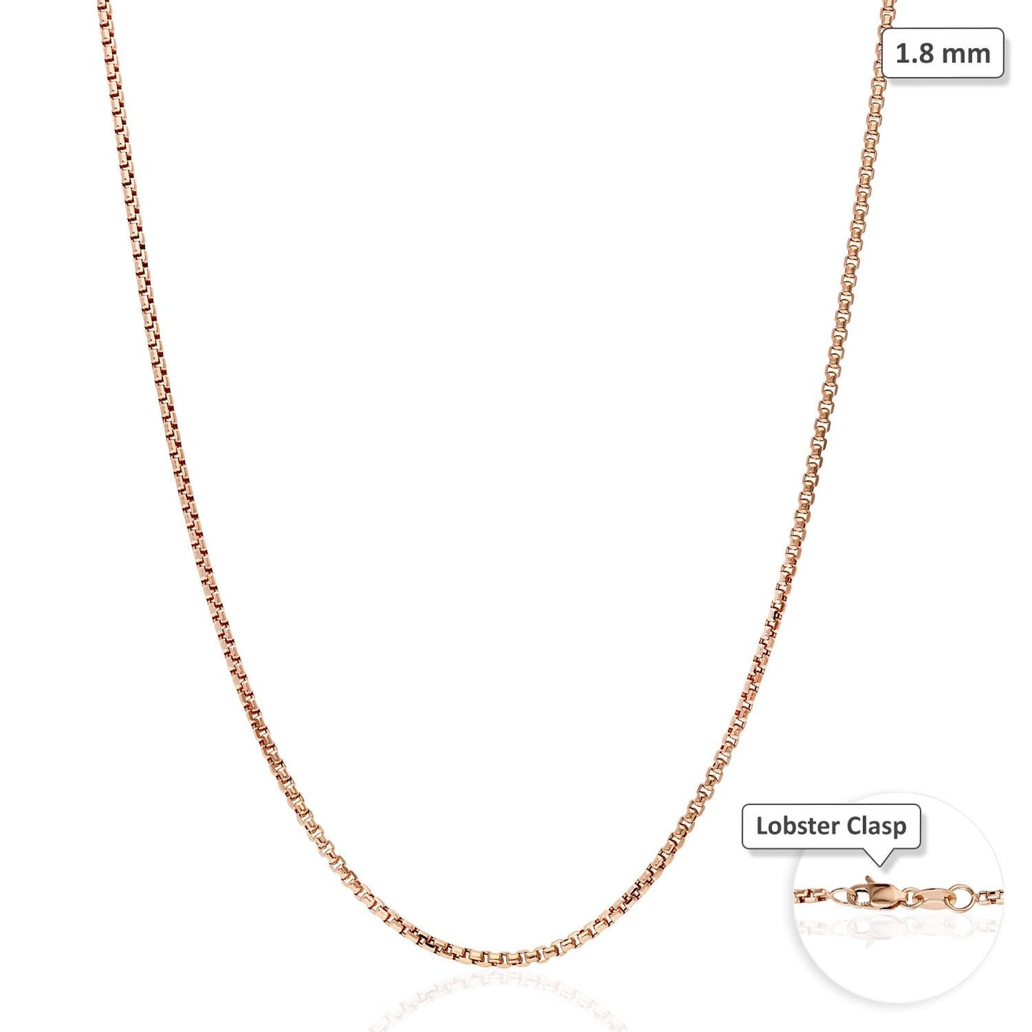 14K Real Gold Rose 1.8mm Solid Round Box Chain Necklace 16"-30"