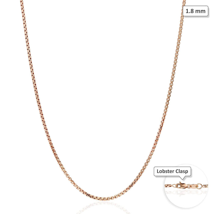 14K Rose Gold 1.8mm Round Box Chain (Solid Links) 16"-30"