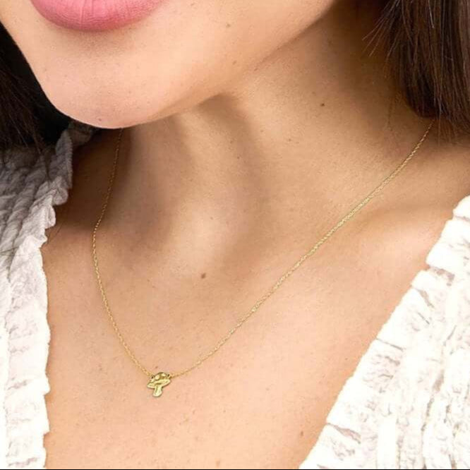 Real 14k Gold Mushroom Pendant Adjustable Cable Necklace 16"-18"