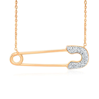 Real Solid 10k Rose White Gold Real Diamond Safety Pin Pendant Cable Necklace 18"