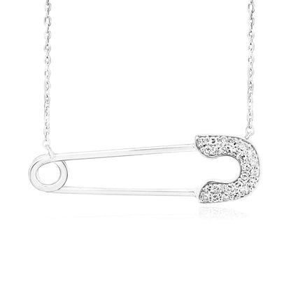 Real Solid 10k Rose White Gold Real Diamond Safety Pin Pendant Cable Necklace 18"