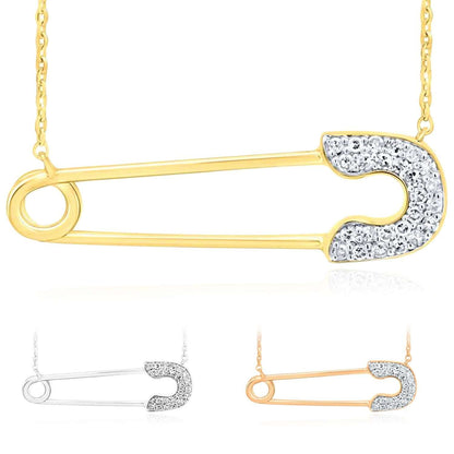 Real Solid 10k Rose White Gold Real Diamond Safety Pin Pendant Cable Necklace 18"