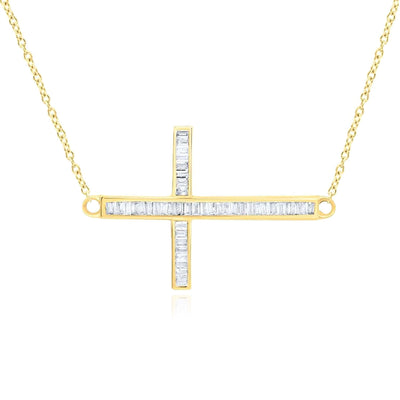 0.25CTW Natural Diamond 10K Yellow Gold Sideways Cross 18" Cable Necklace (Solid Links) - WJD Exclusives