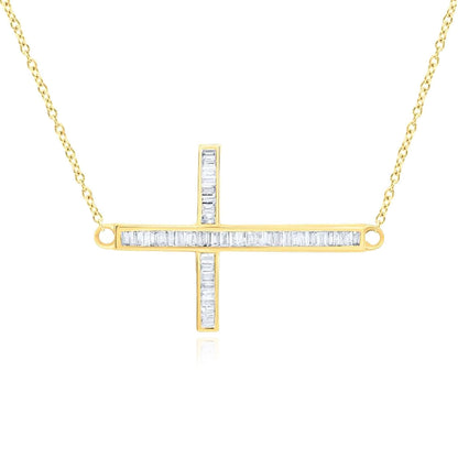 Real 10k Gold 0.25CTW Real Diamond Horizontal Cross Pendant Cable Necklace 18"