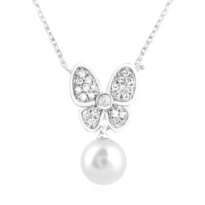 0.12CTW Natural Diamond 10K Yellow White Gold Butterfly Pearl Necklace (Solid Links) 18" - WJD Exclusives