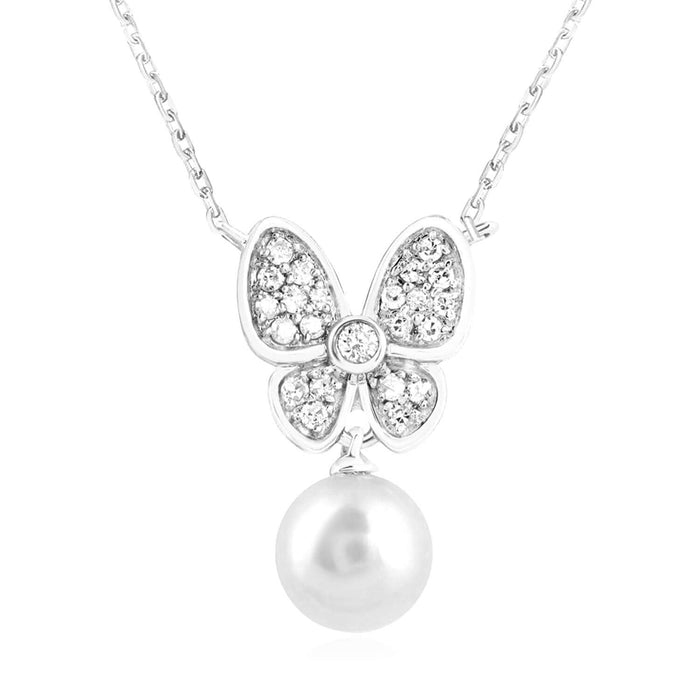 0.12CTW Natural Diamond 10K Yellow White Gold Butterfly Pearl Necklace (Solid Links) 18" - WJD Exclusives