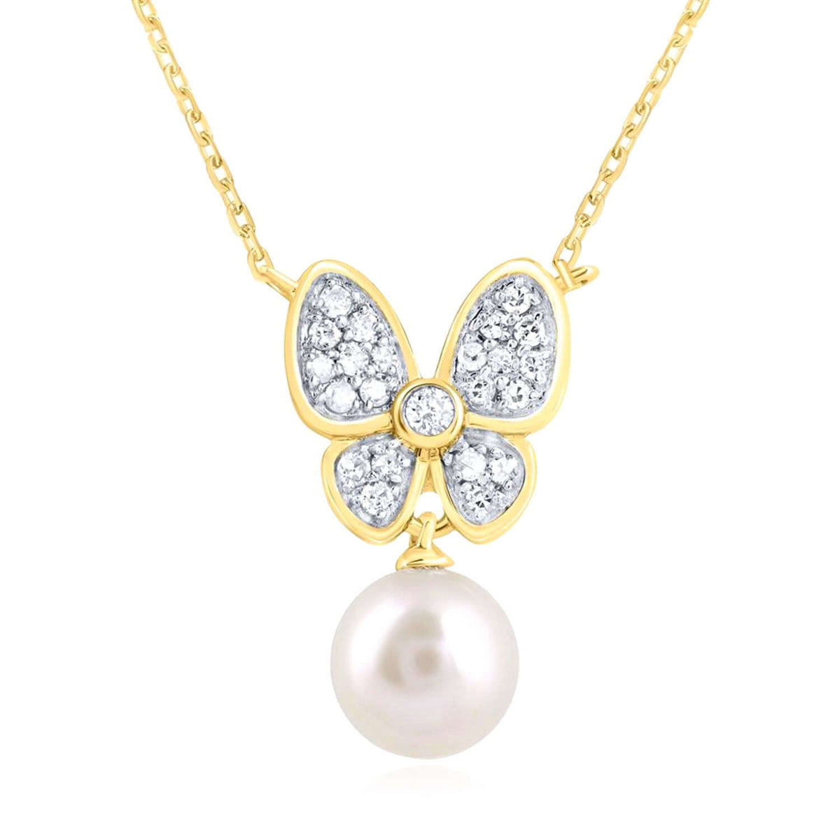 0.12CTW Natural Diamond 10K Yellow White Gold Butterfly Pearl Necklace (Solid Links) 18" - WJD Exclusives