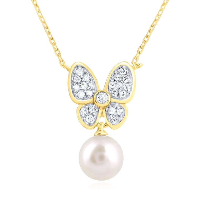0.12CTW Natural Diamond 10K Yellow White Gold Butterfly Pearl Necklace (Solid Links) 18" - WJD Exclusives