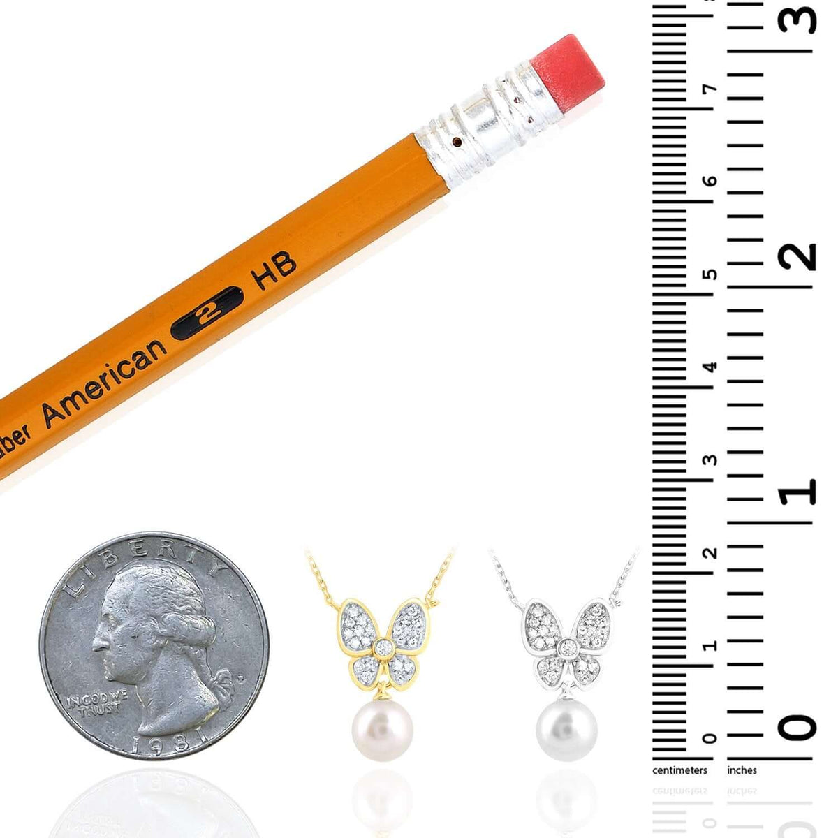 0.12CTW Natural Diamond 10K Yellow White Gold Butterfly Pearl Necklace (Solid Links) 18" - WJD Exclusives